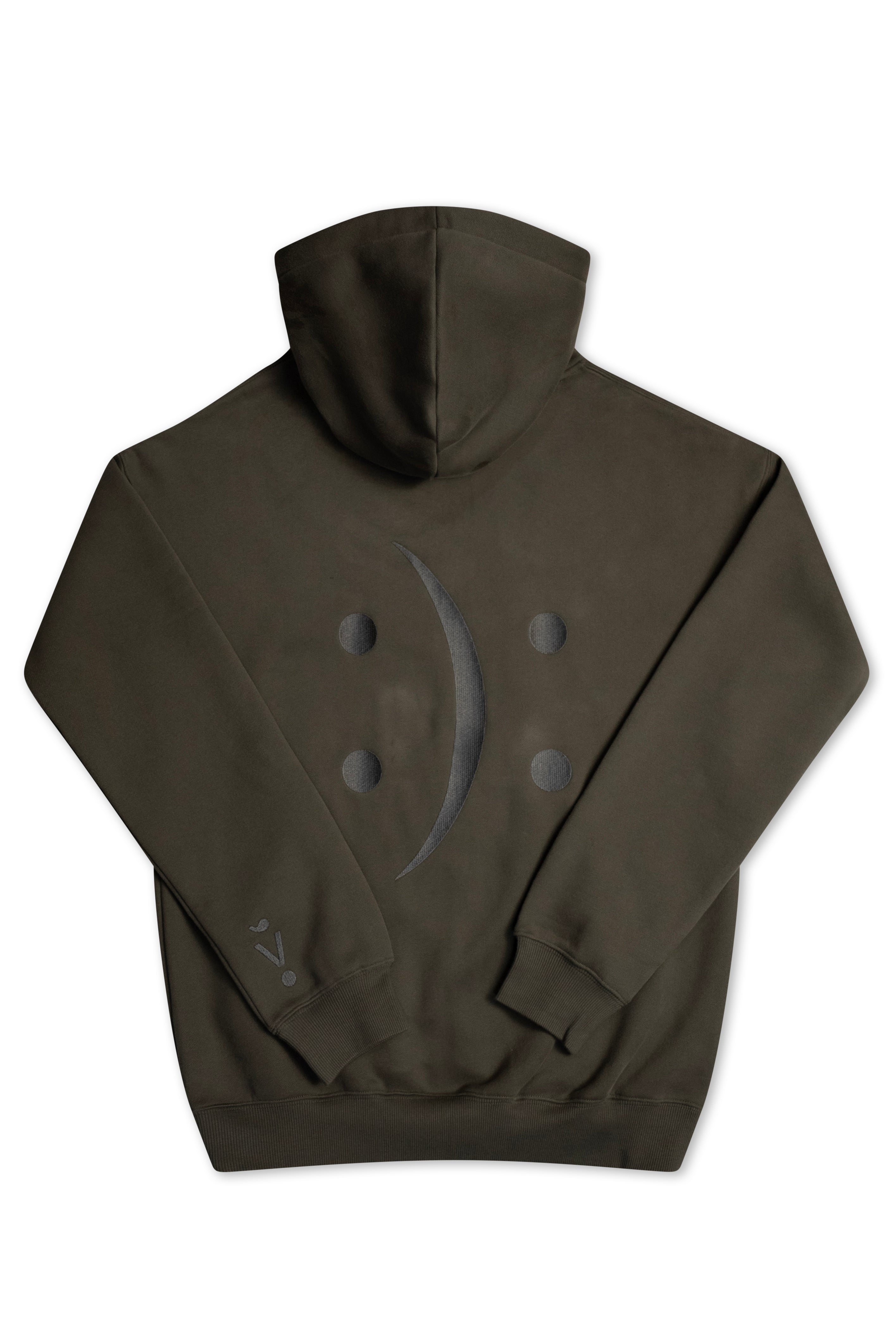 A grey pullover hoodie shown from the back, featuring a large dark gray crescent moon and dot pattern on the center back.
