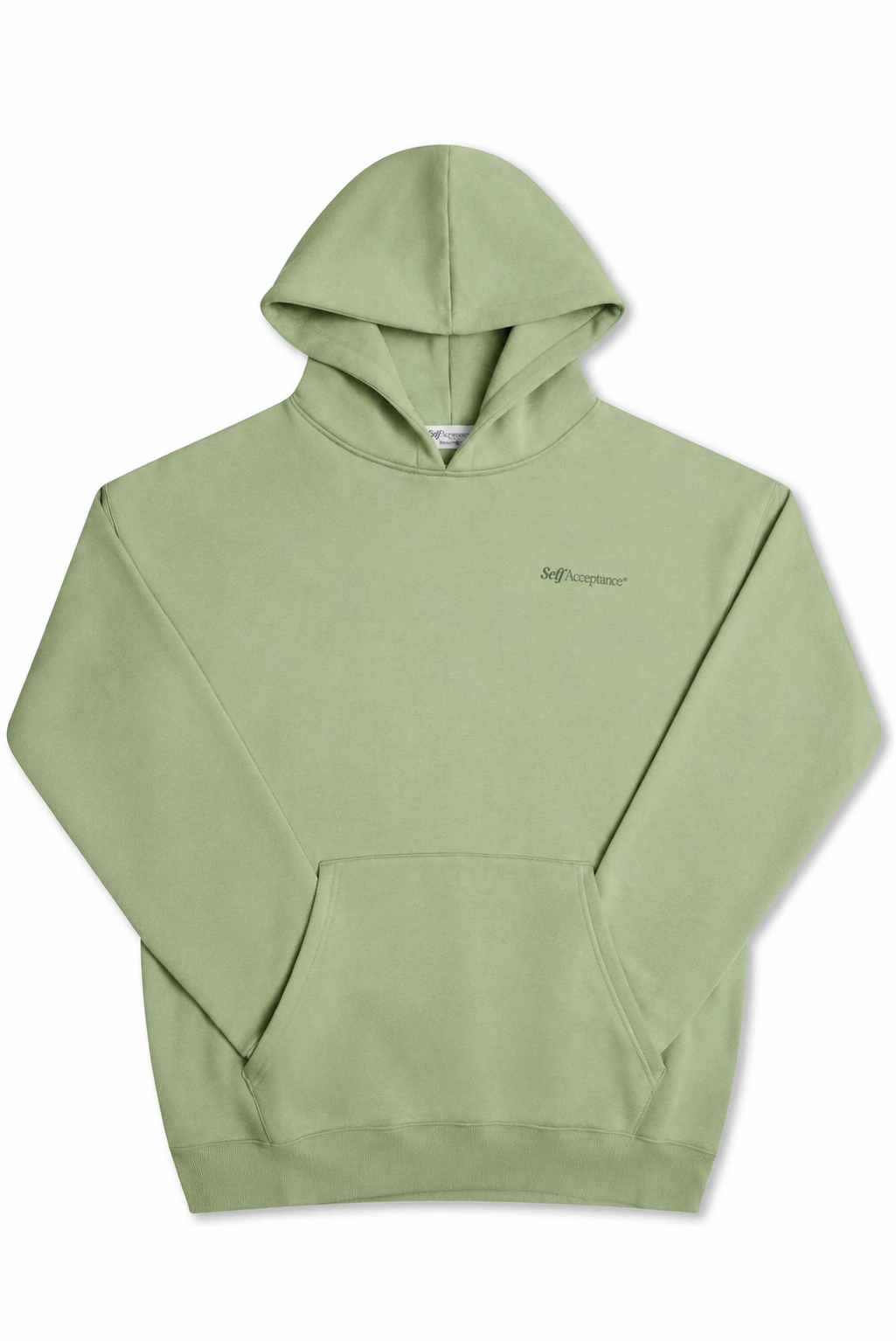 Front view of a matcha green heavyweight hoodie featuring a small embroidered Self Acceptance logo on the left chest.
#color_matcha
