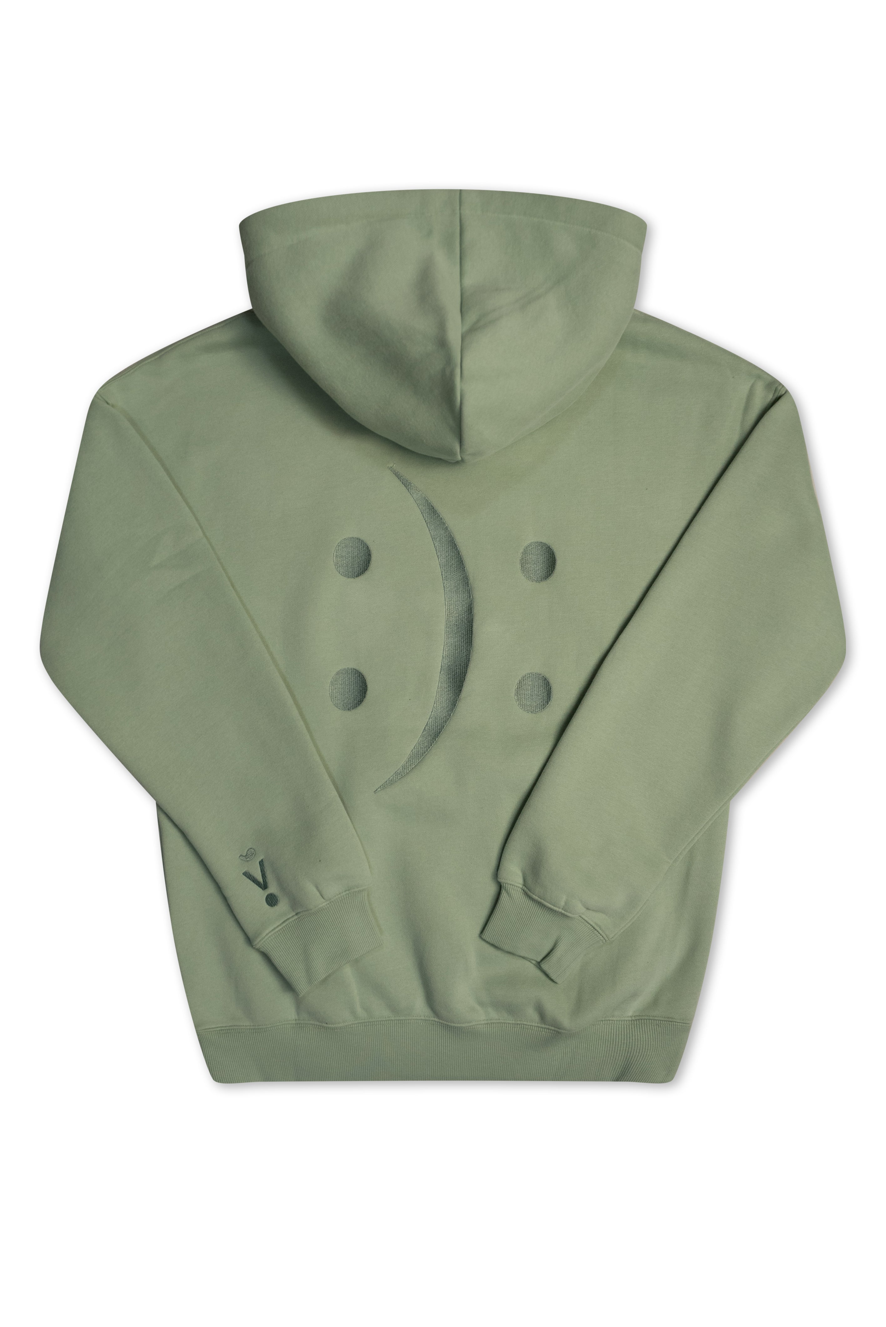 An olive green hooded sweatshirt shown from the back, featuring a double-breasted button design and a curved line motif down the center back, set against a plain white background.