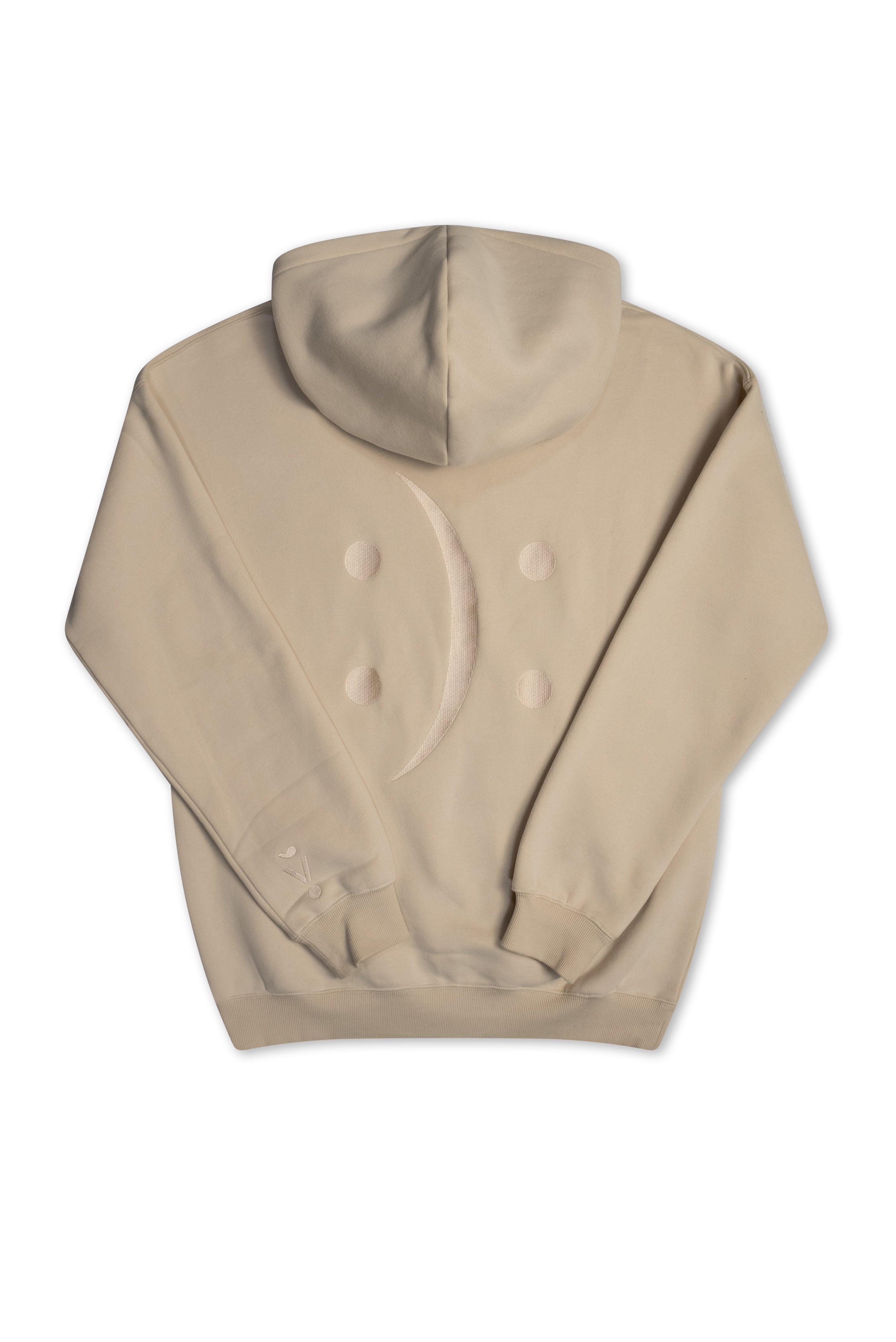 A light beige pullover hoodie shown from the back, featuring a double-breasted button design and a curved line detail running down the center back, displayed on a clean white background.