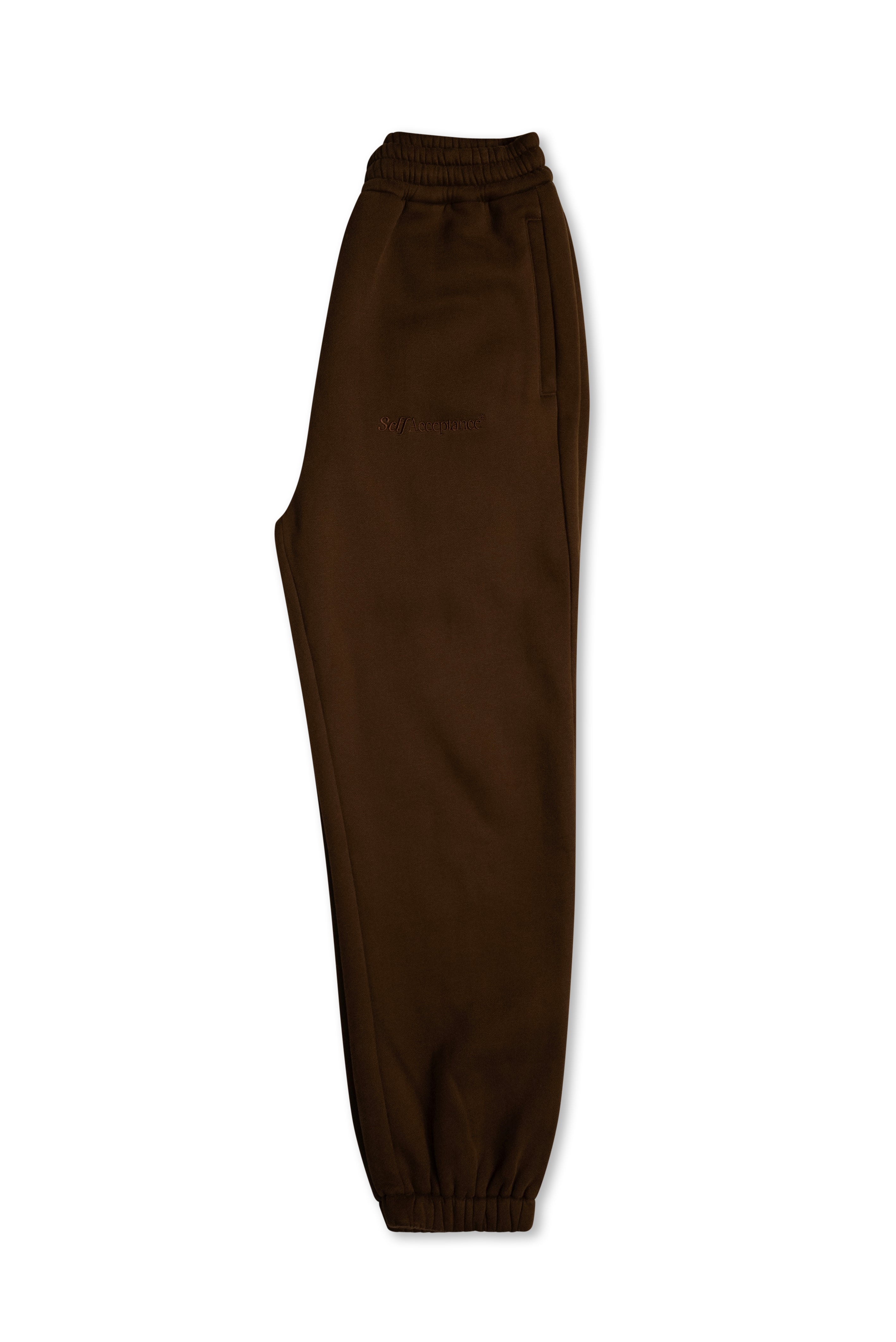 Dark brown jogger sweatpants with an elastic waistband and cuffs, shown flat against a plain white background.