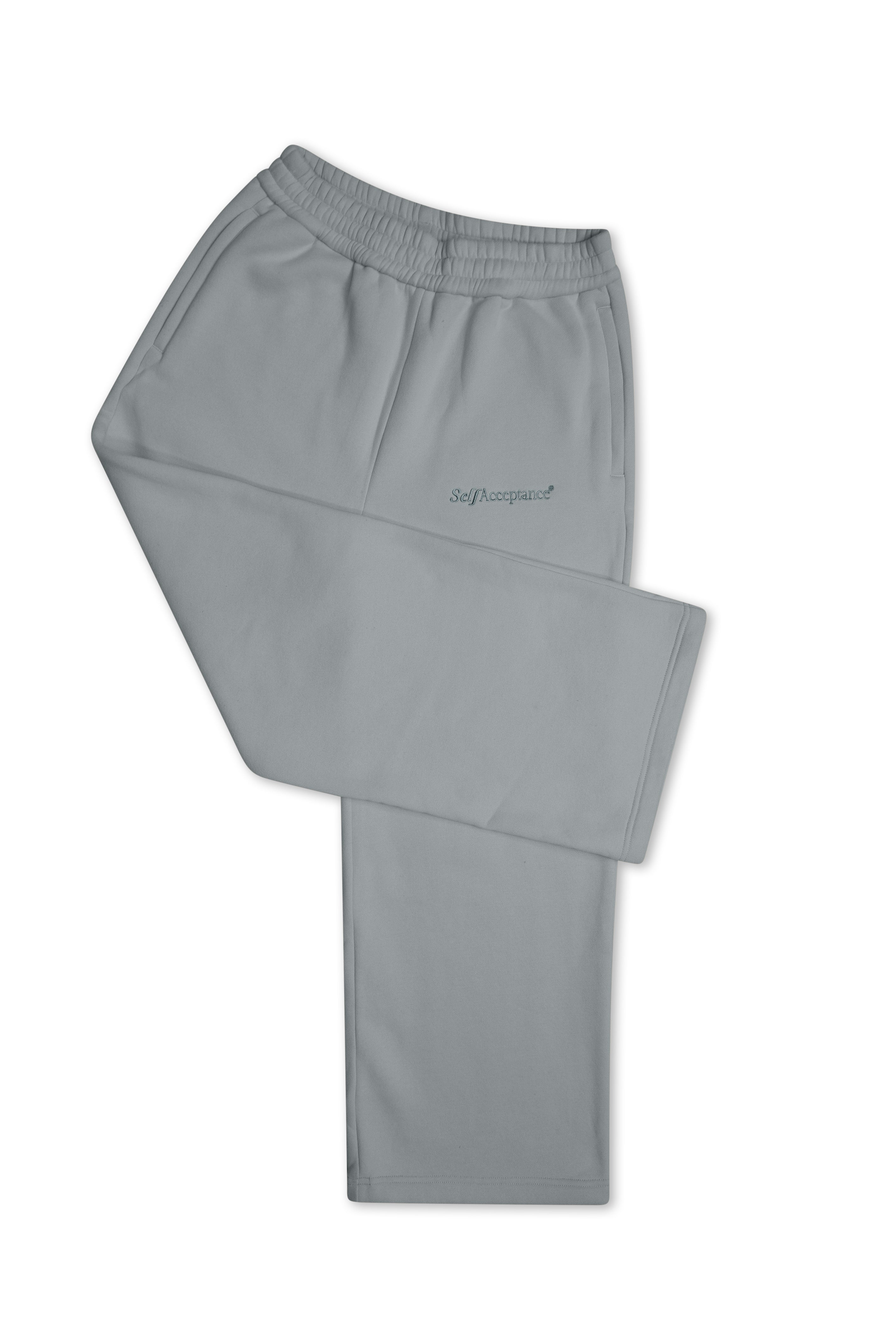 Light gray athletic sweatpants with an elastic waistband and a small script logo on the left thigh, displayed on a clean white background.