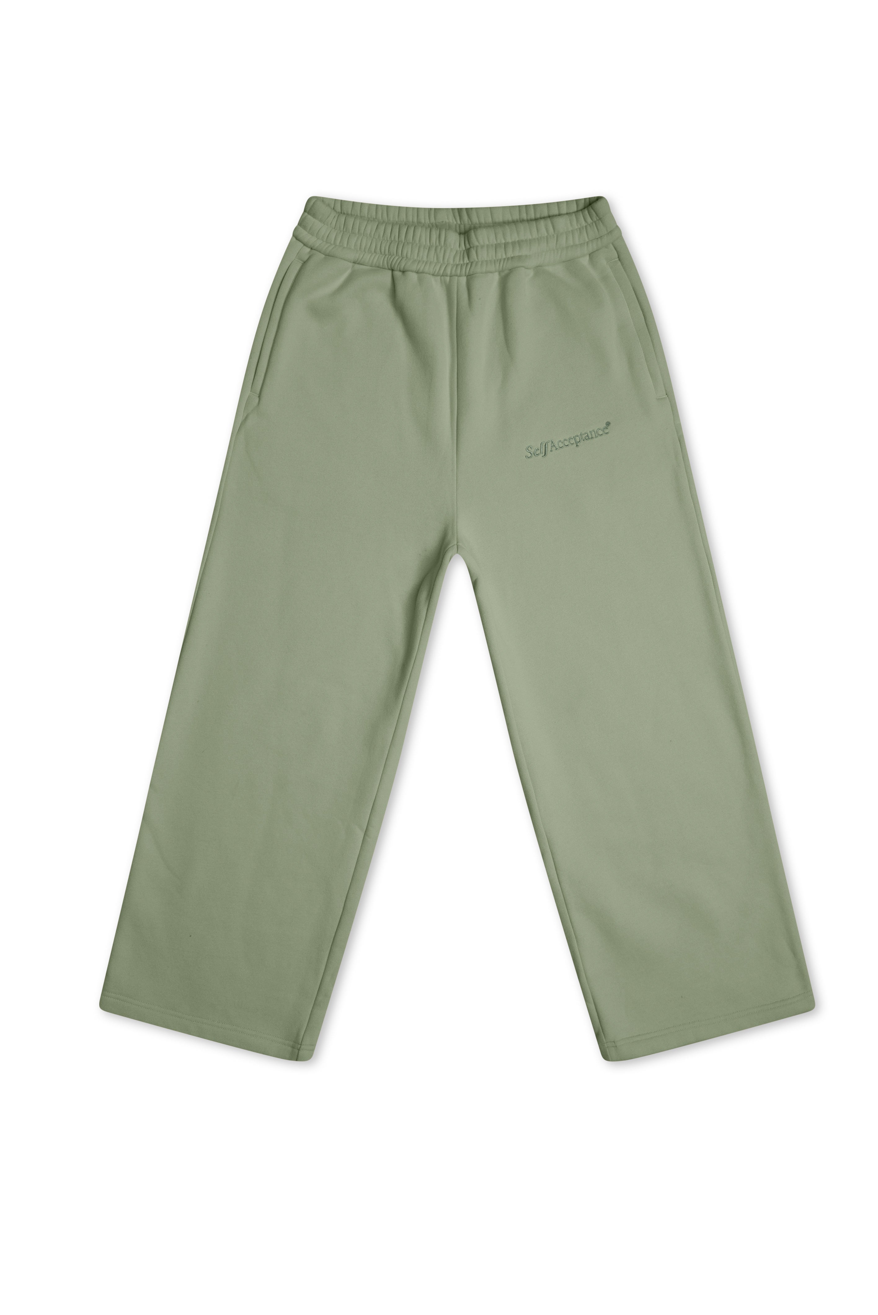 A pair of sage green wide-leg sweatpants with an elastic waistband and a small embroidered logo on the left thigh, shown flat on a white background.