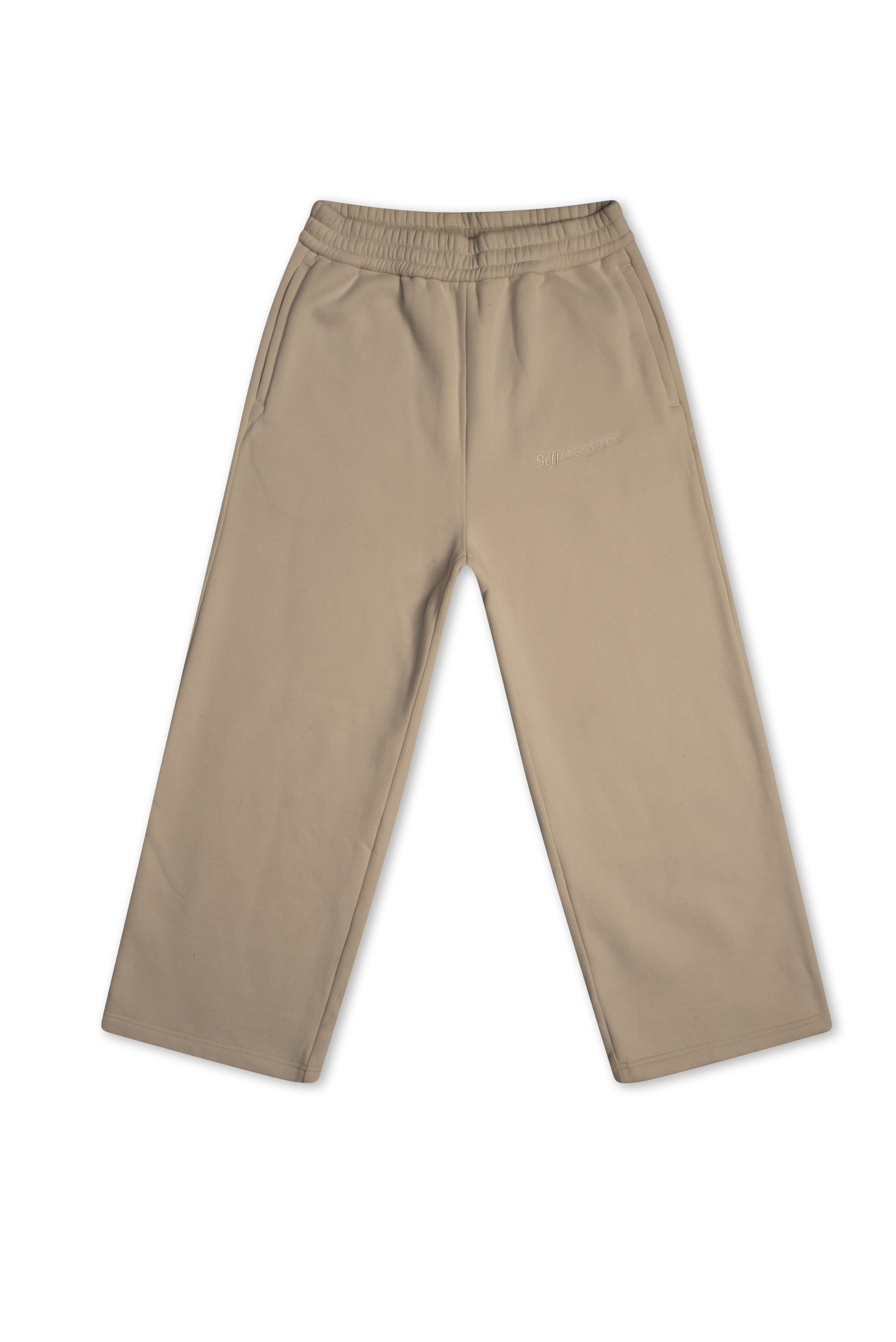 A pair of beige wide-leg pants with an elastic waistband, laid flat against a white background.