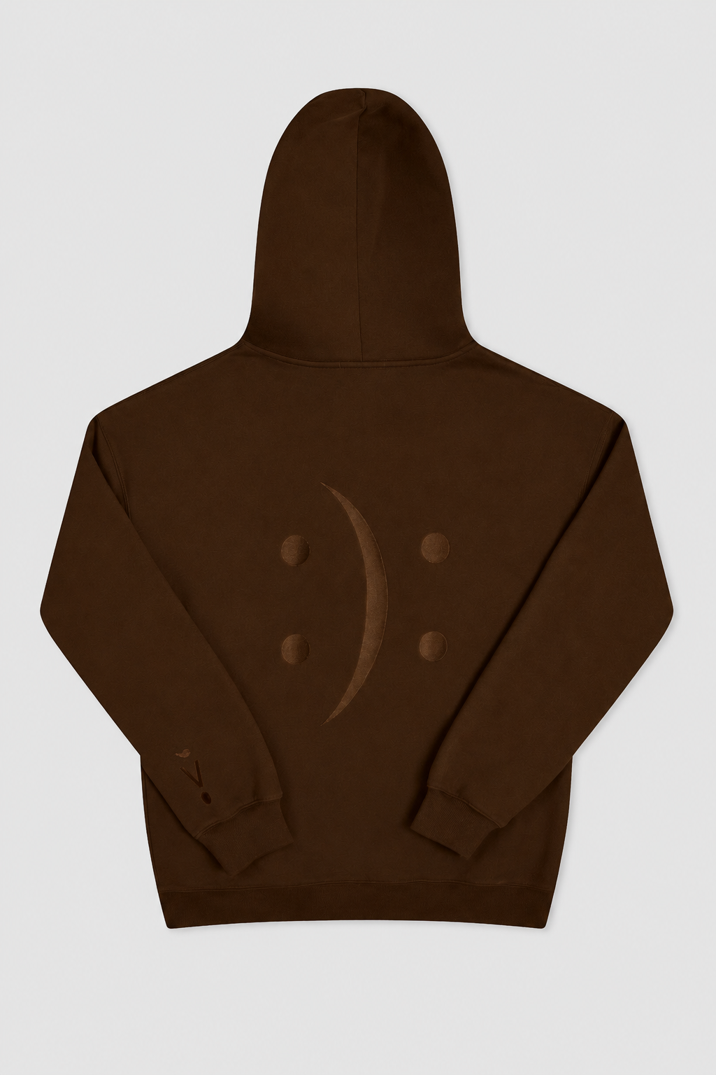 A dark brown hooded sweatshirt shown from the back, featuring a tonal dark brown semicolon symbol printed on the center back, set against a light gray background.