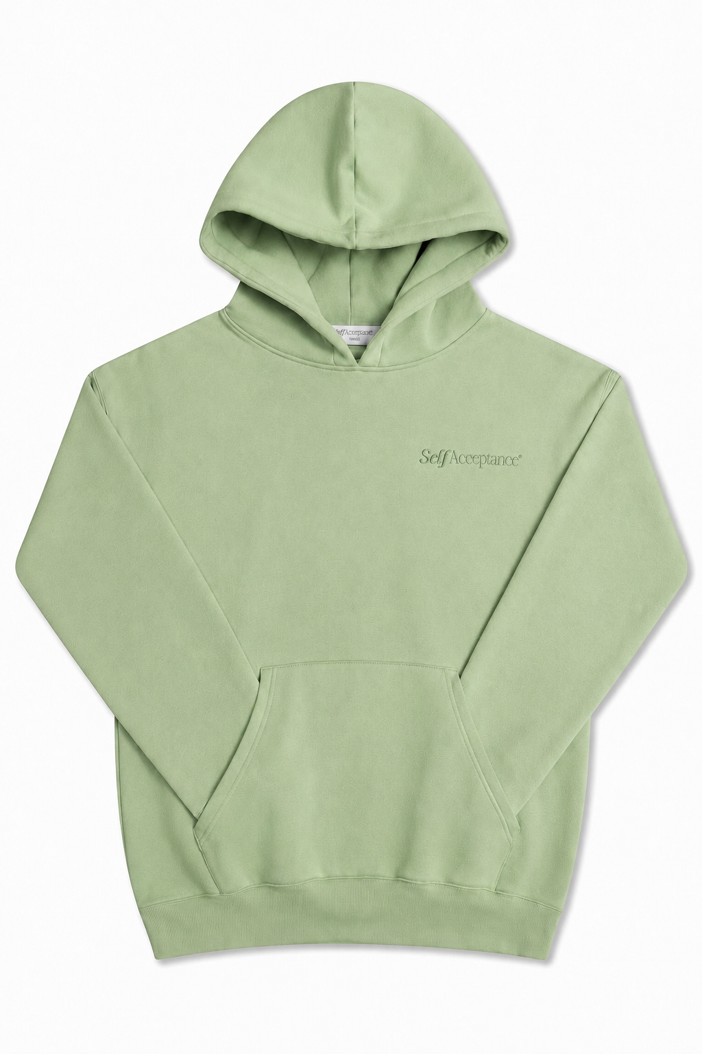 Front view of a match green heavyweight hoodie featuring a small embroidered Self Acceptance logo on the left chest.

#color_matcha