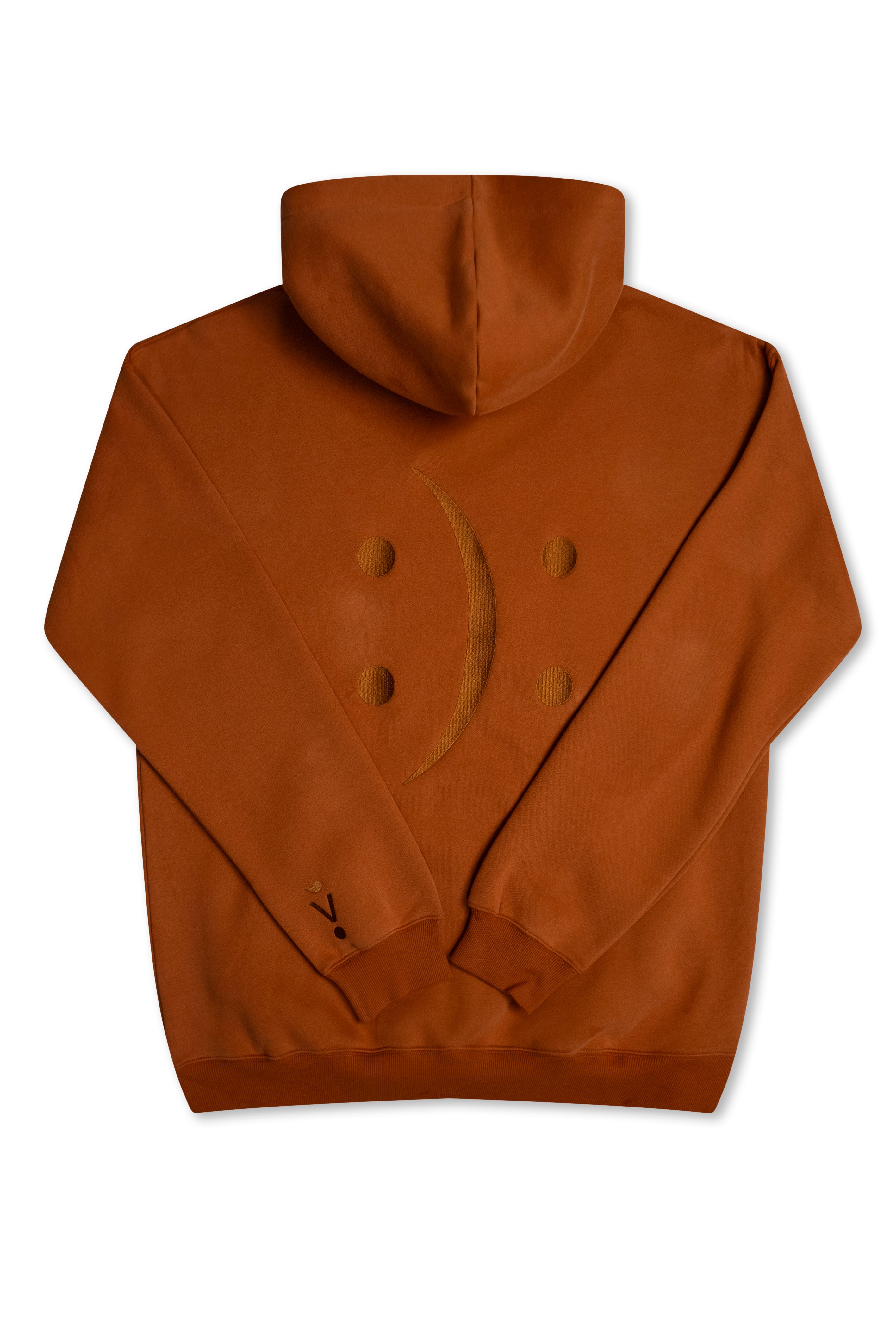 A rust-orange hooded sweatshirt shown from the back, featuring a crescent moon and dot pattern on the back panel, photographed against a solid white background.