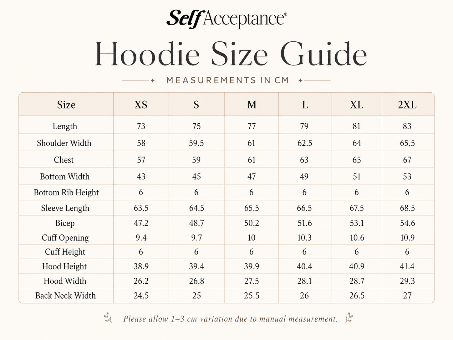 A size guide table for the Self Acceptance Hoodie, showing measurements in centimeters for sizes XS through 2XL, with a beige background and black text.