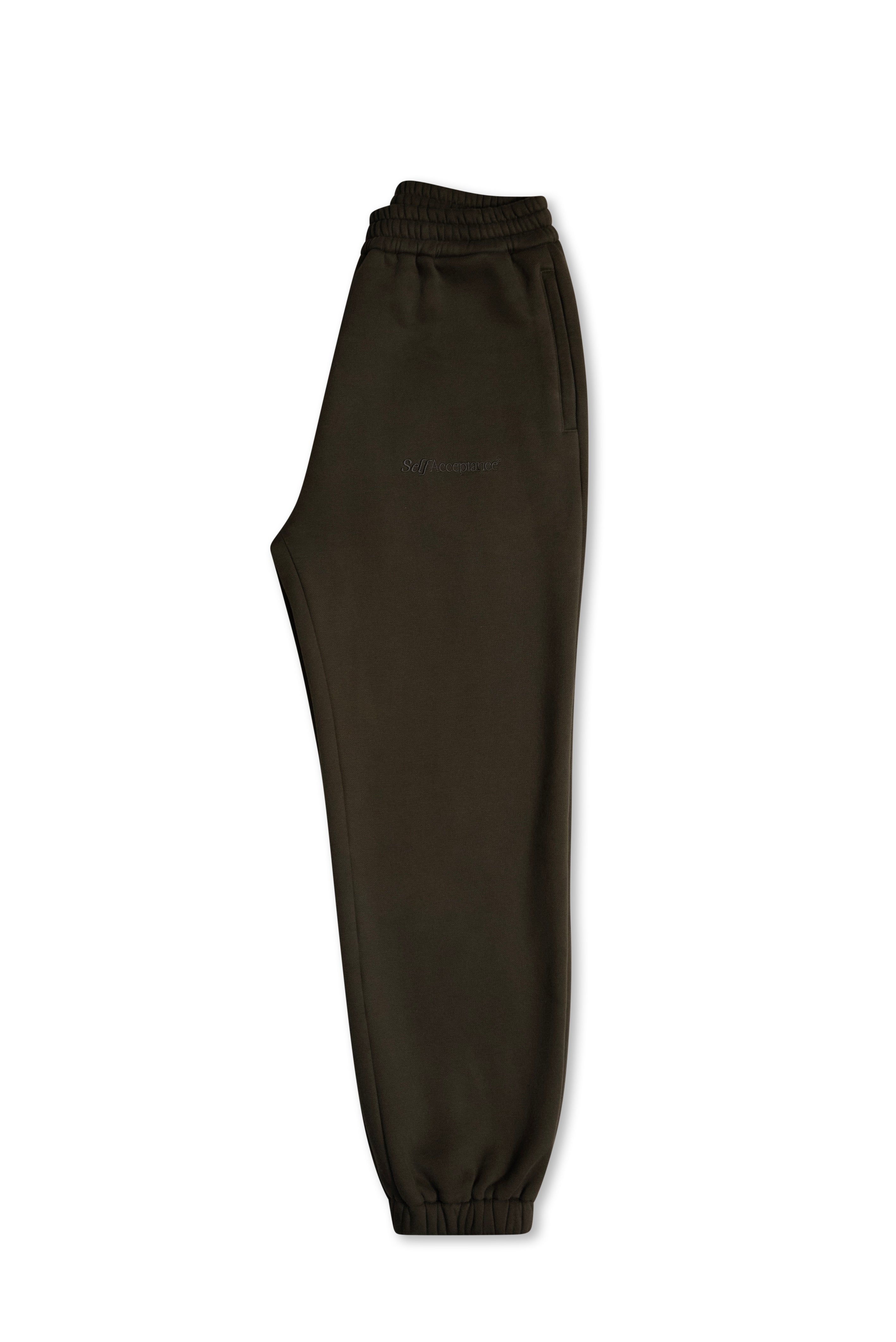Black sweatpants with an elastic waistband and cuffs, shown flat against a white background.