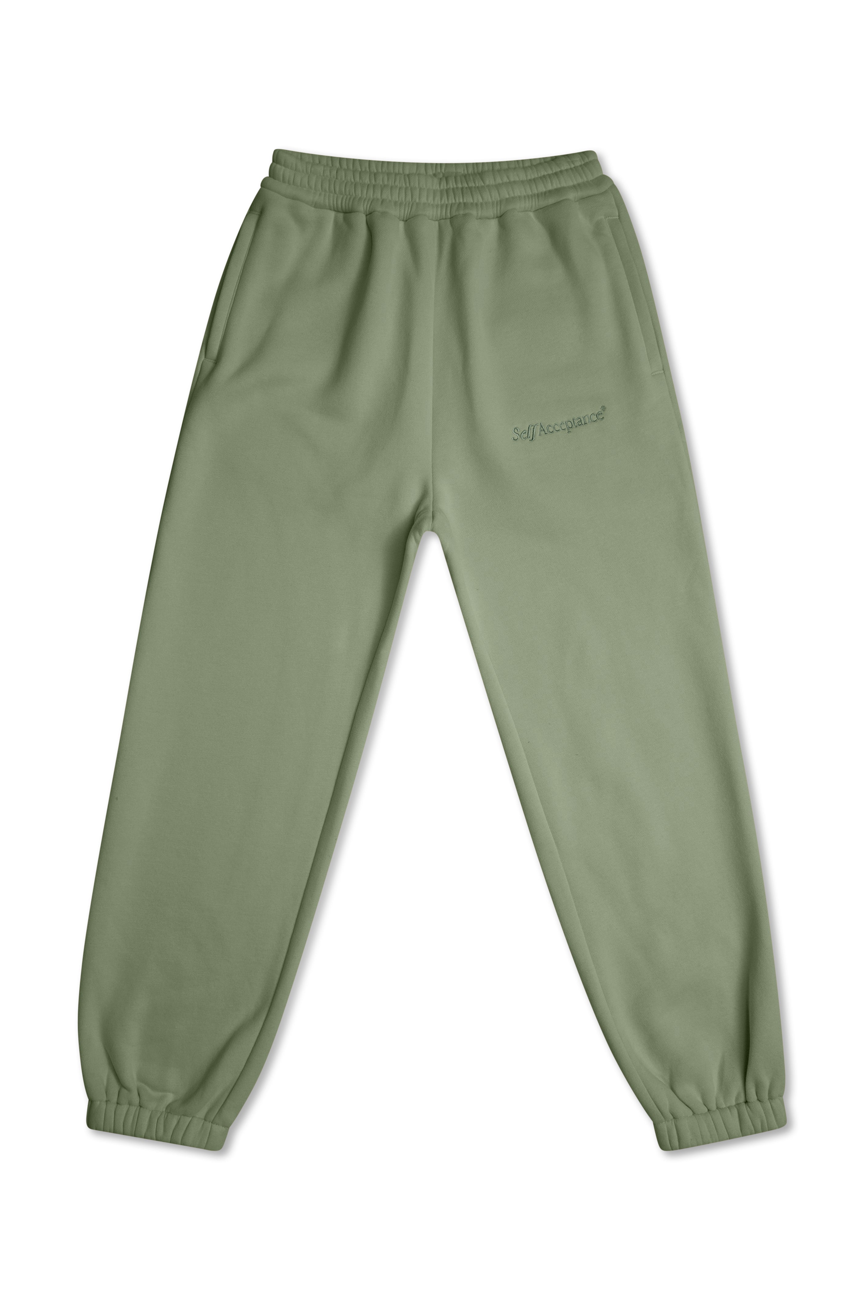 Olive green jogger sweatpants with an elastic waistband and cuffed ankles, featuring a small dark gray script logo on the upper left thigh, shown against a plain white background.