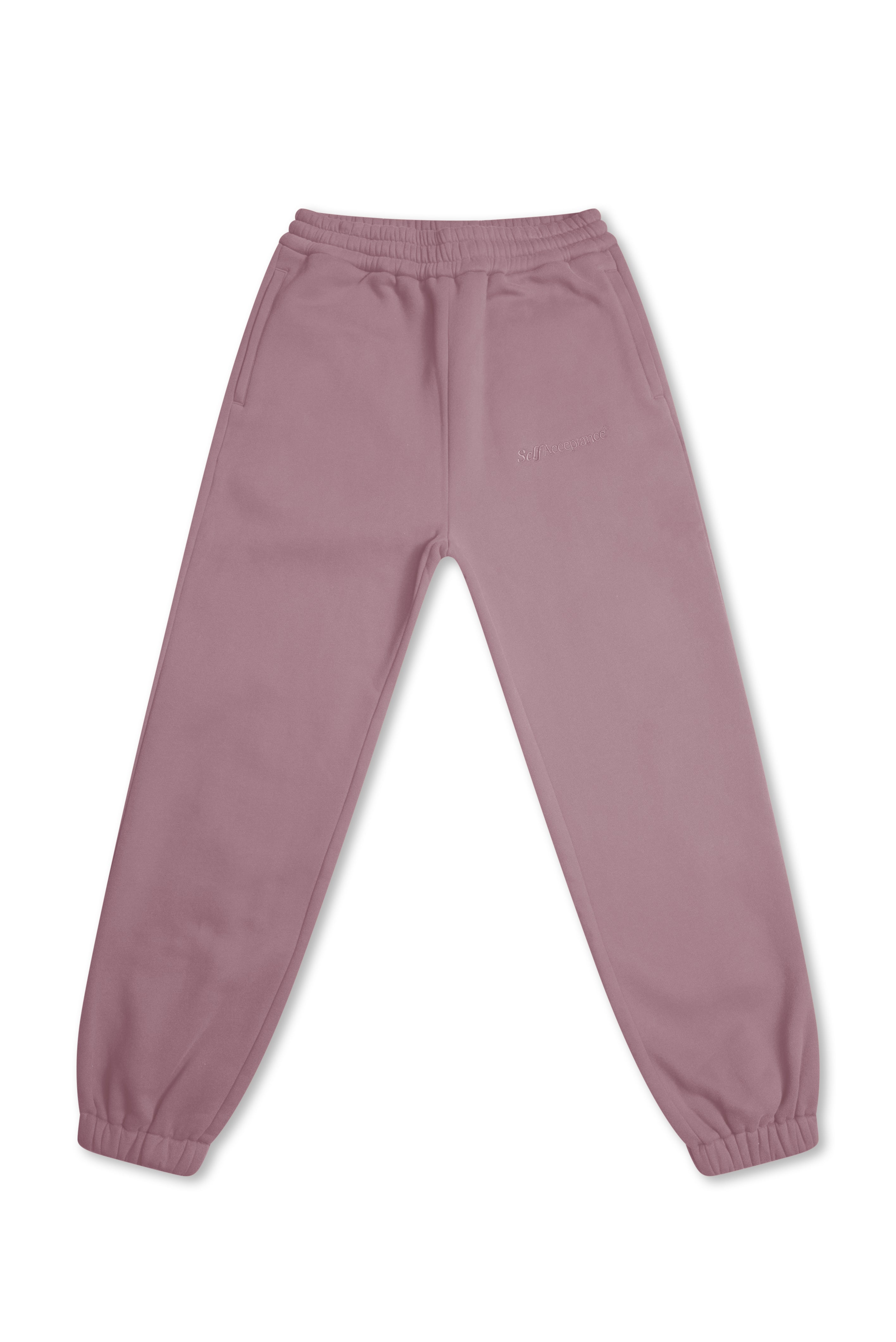 A pair of dusty rose pink sweatpants with an elastic waistband and cuffed ankles, laid flat against a white background.