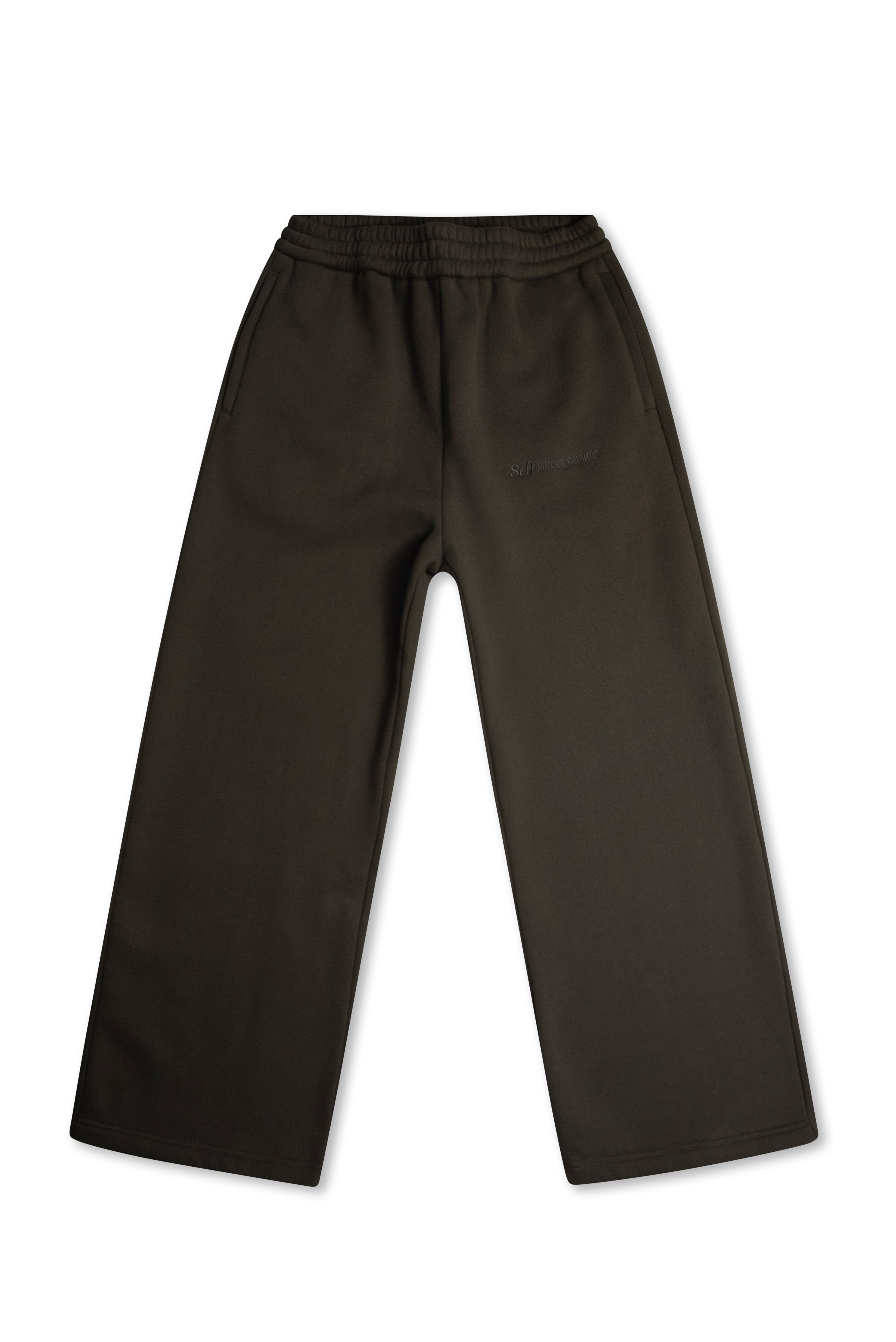 A pair of dark olive green wide-leg pants with an elastic waistband, displayed flat against a plain white background.