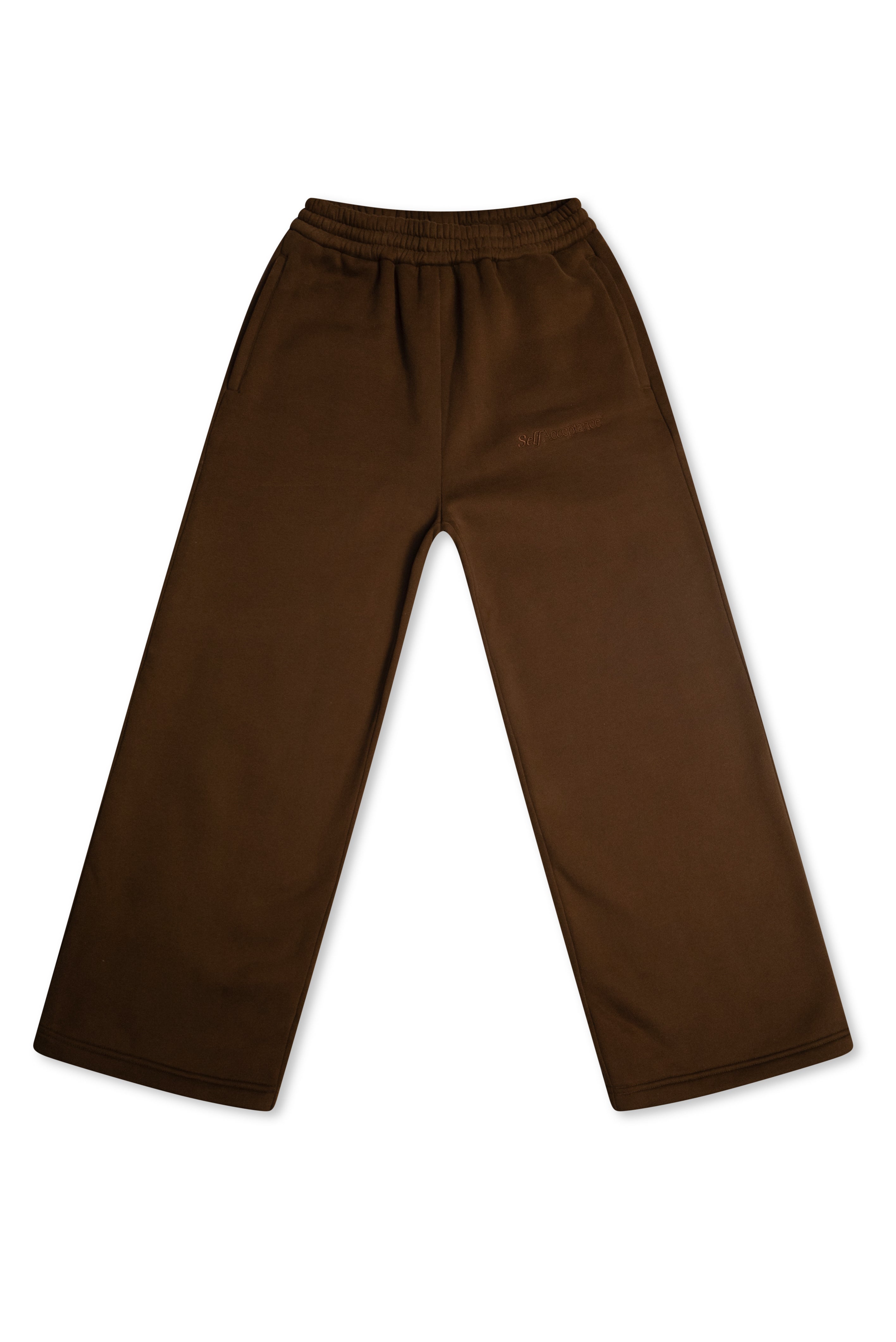A pair of solid brown wide-leg sweatpants with an elastic waistband, shown flat against a plain white background.