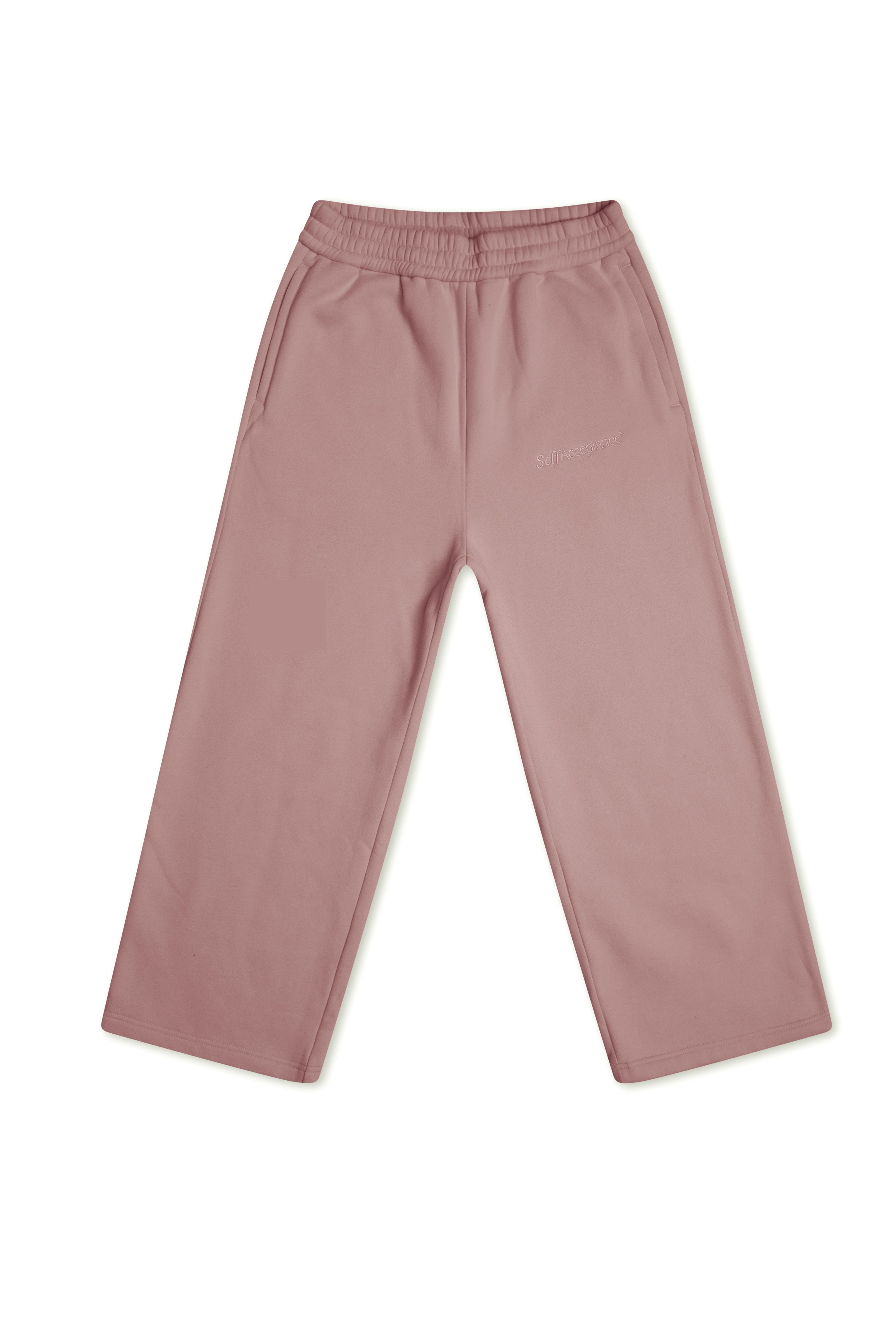 A pair of dusty rose wide-leg pants with an elastic waistband, laid flat against a solid white background.